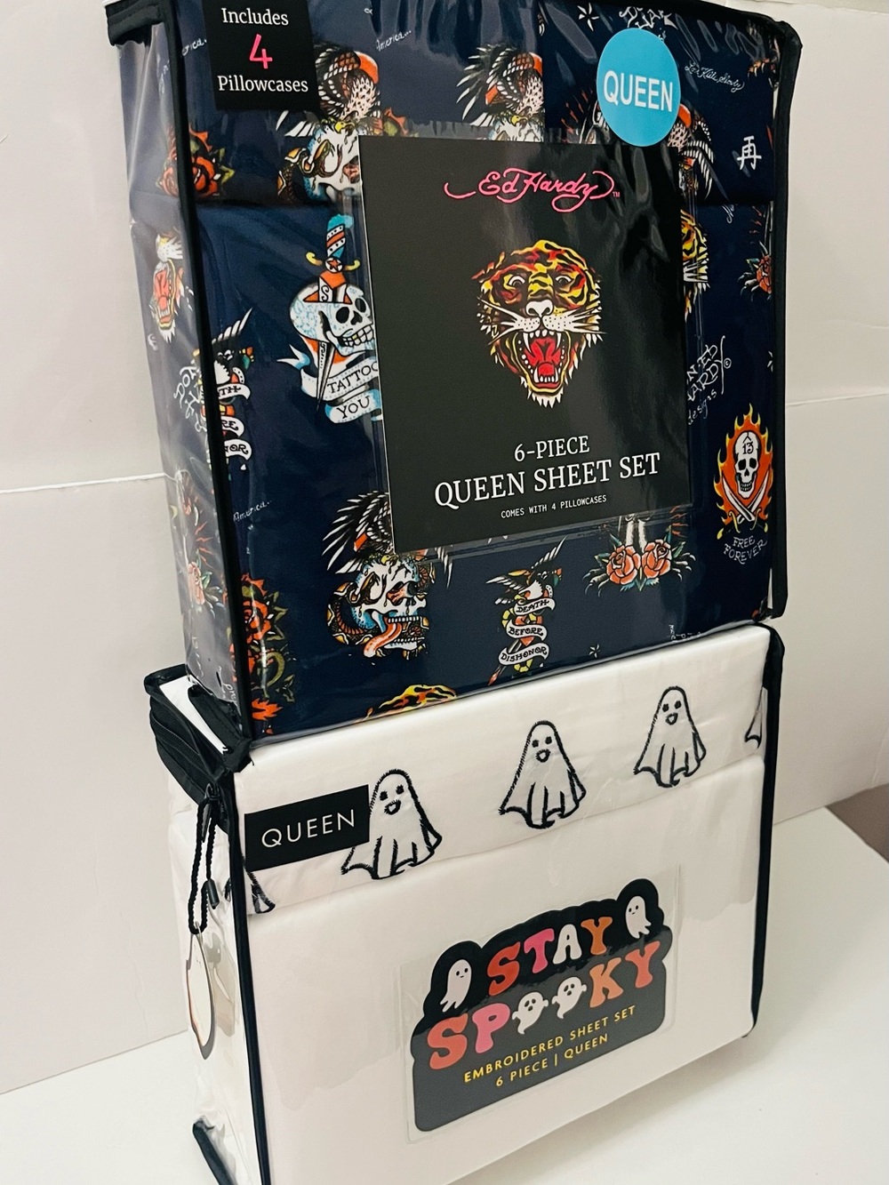 Ed Hardy & Stay Spooky Lot of 2 Queen Sheet Sets Halloween Ghost Eagle Geisha